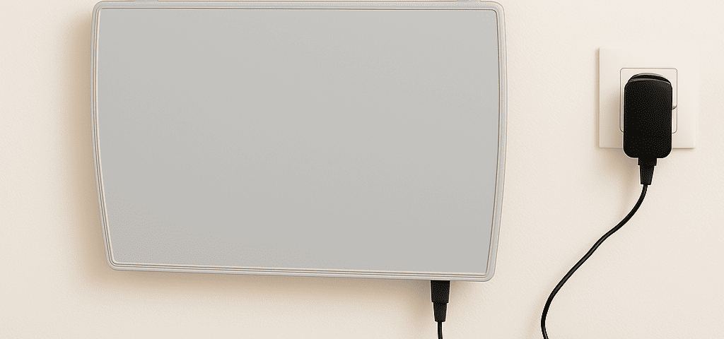 Appareil ATE gris clair installé sur un mur avec son alimentation
