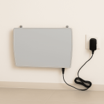 Appareil ATE gris clair installé sur un mur avec son alimentation