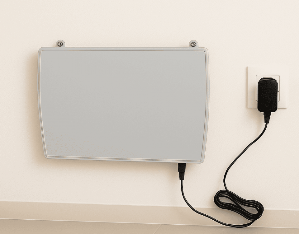 Appareil ATE gris clair installé sur un mur avec son alimentation