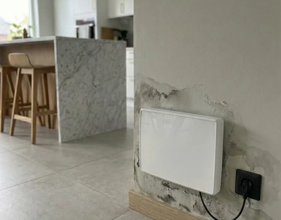 Appareil installé sur mur humide avec traces de remontées capillaires